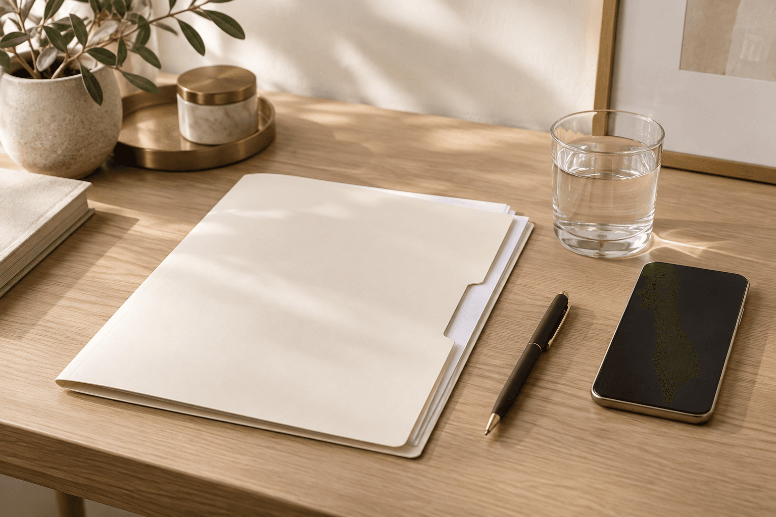 An information folder, pen, glass of water and phone on a desk.