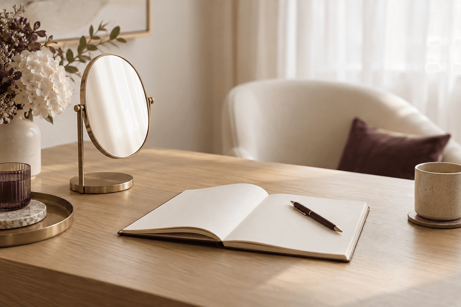 A mirror, open notebook and pen on a consultation desk.