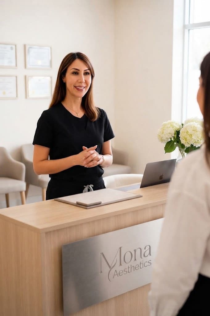 Mona welcoming a visitor at the clinic reception desk