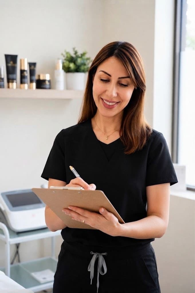 Mona making notes on a clipboard