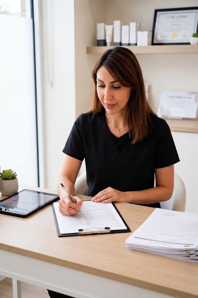 Mona writing consultation notes at a desk