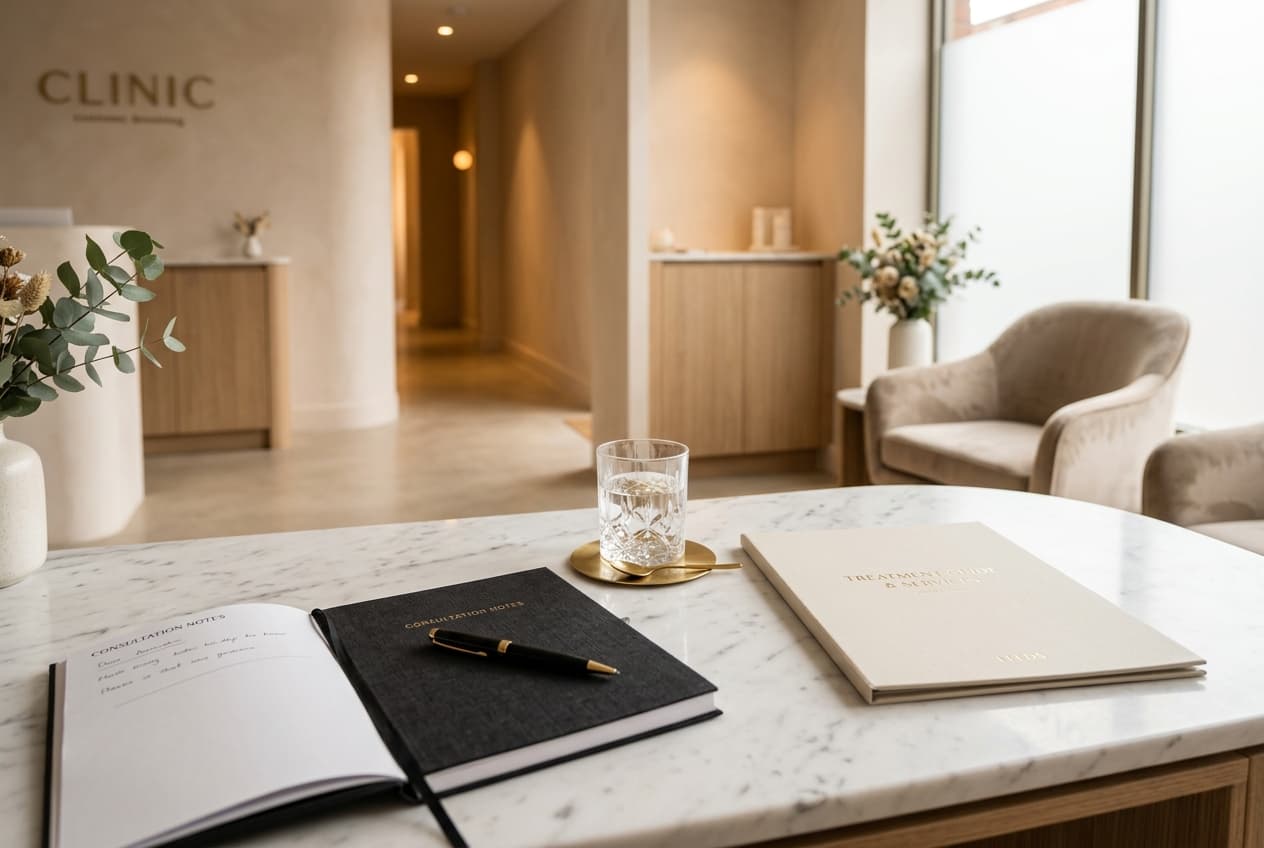 A consultation notebook, pen and treatment guide on a marble table in an aesthetic clinic