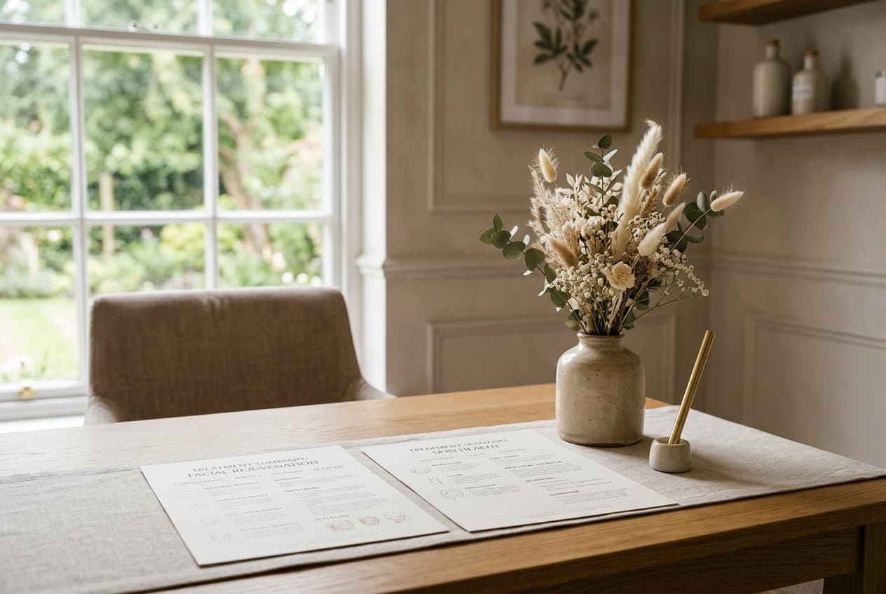 Informational treatment summary comparison sheets on an aesthetic consultation desk