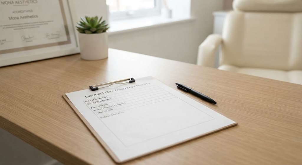 Blank dermal filler treatment-history worksheet on a desk