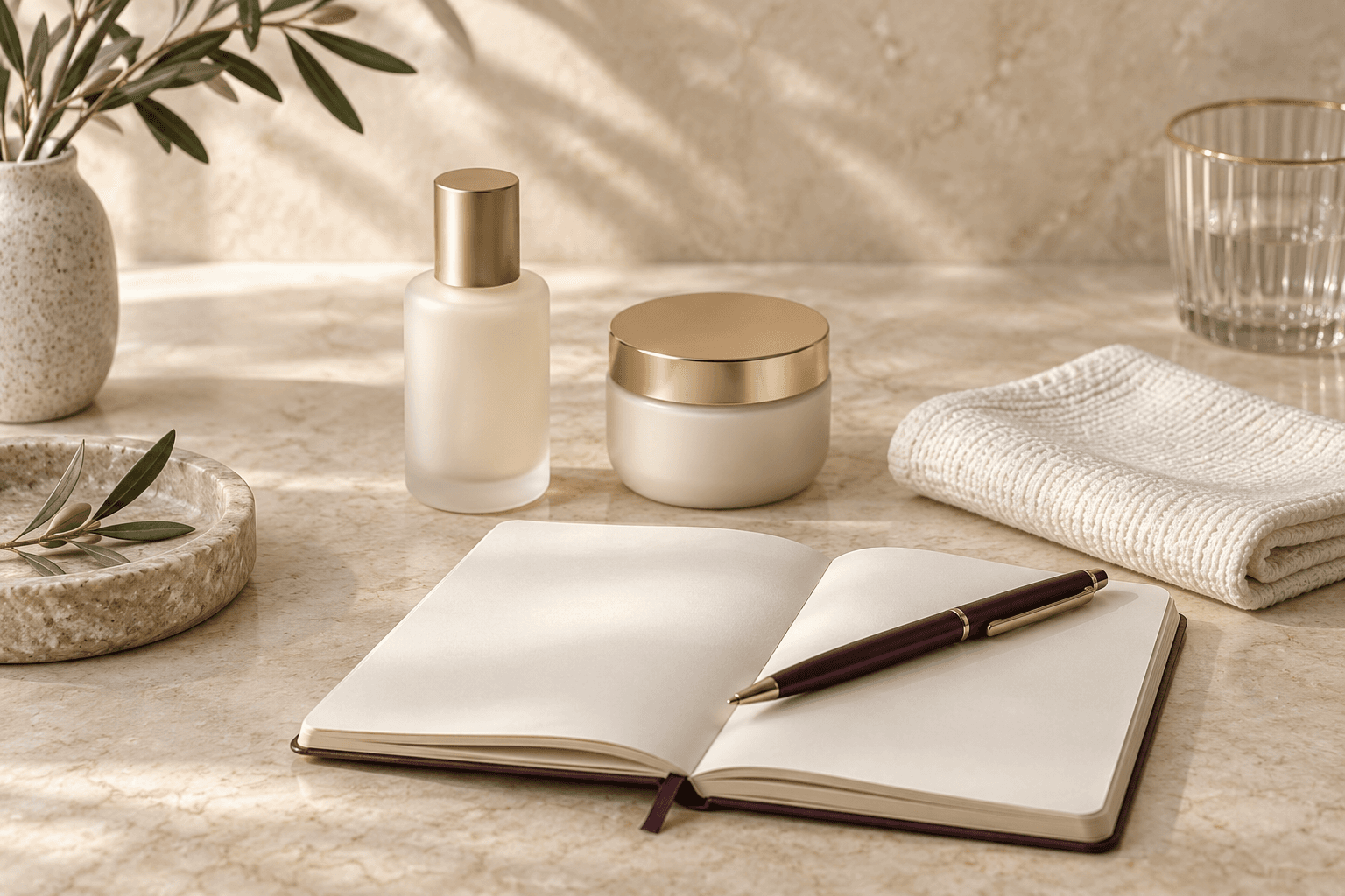Unlabelled skincare containers, a folded cloth and a notebook.