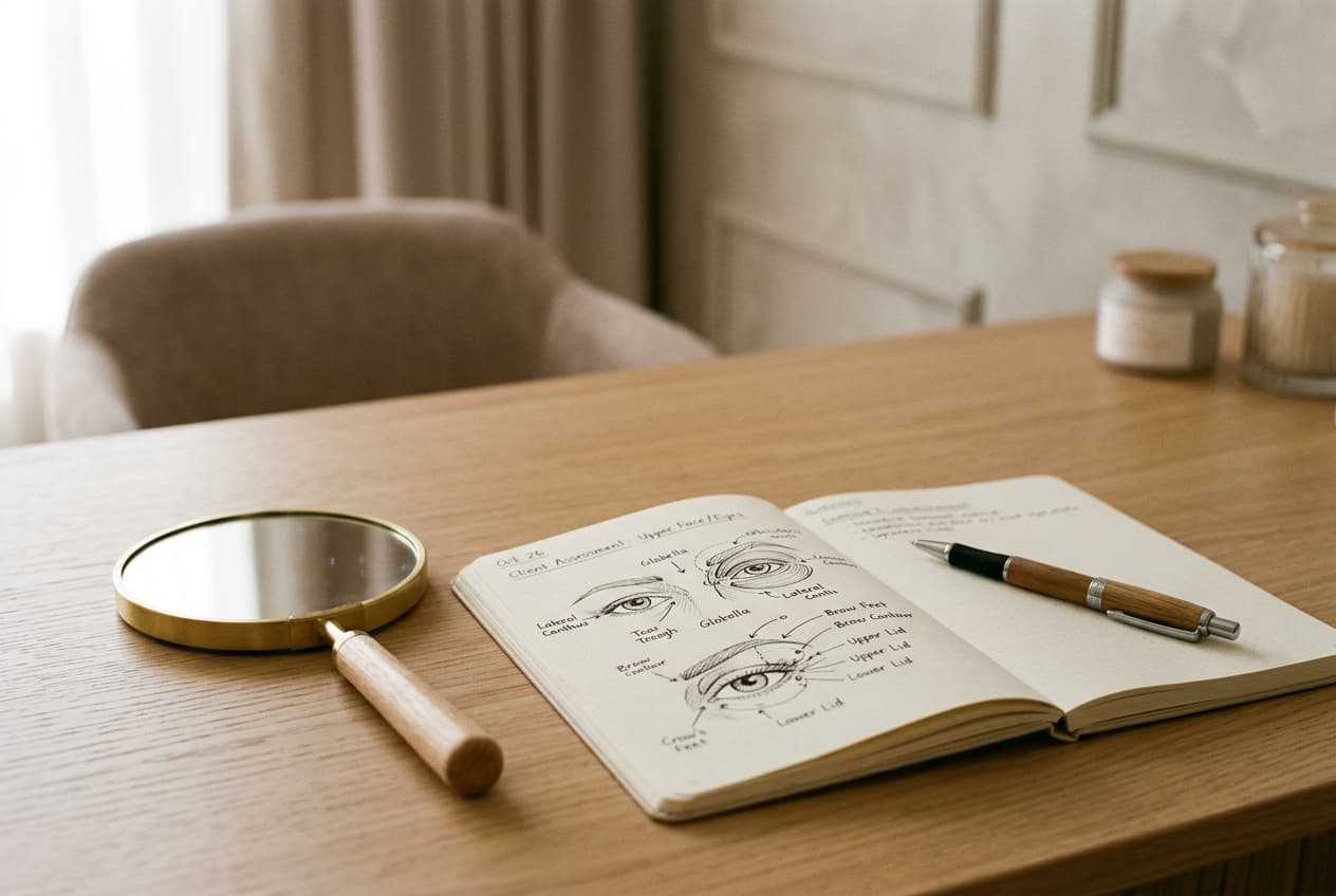 A consultation notebook with anatomical eye sketches, a pen and a clinical hand mirror